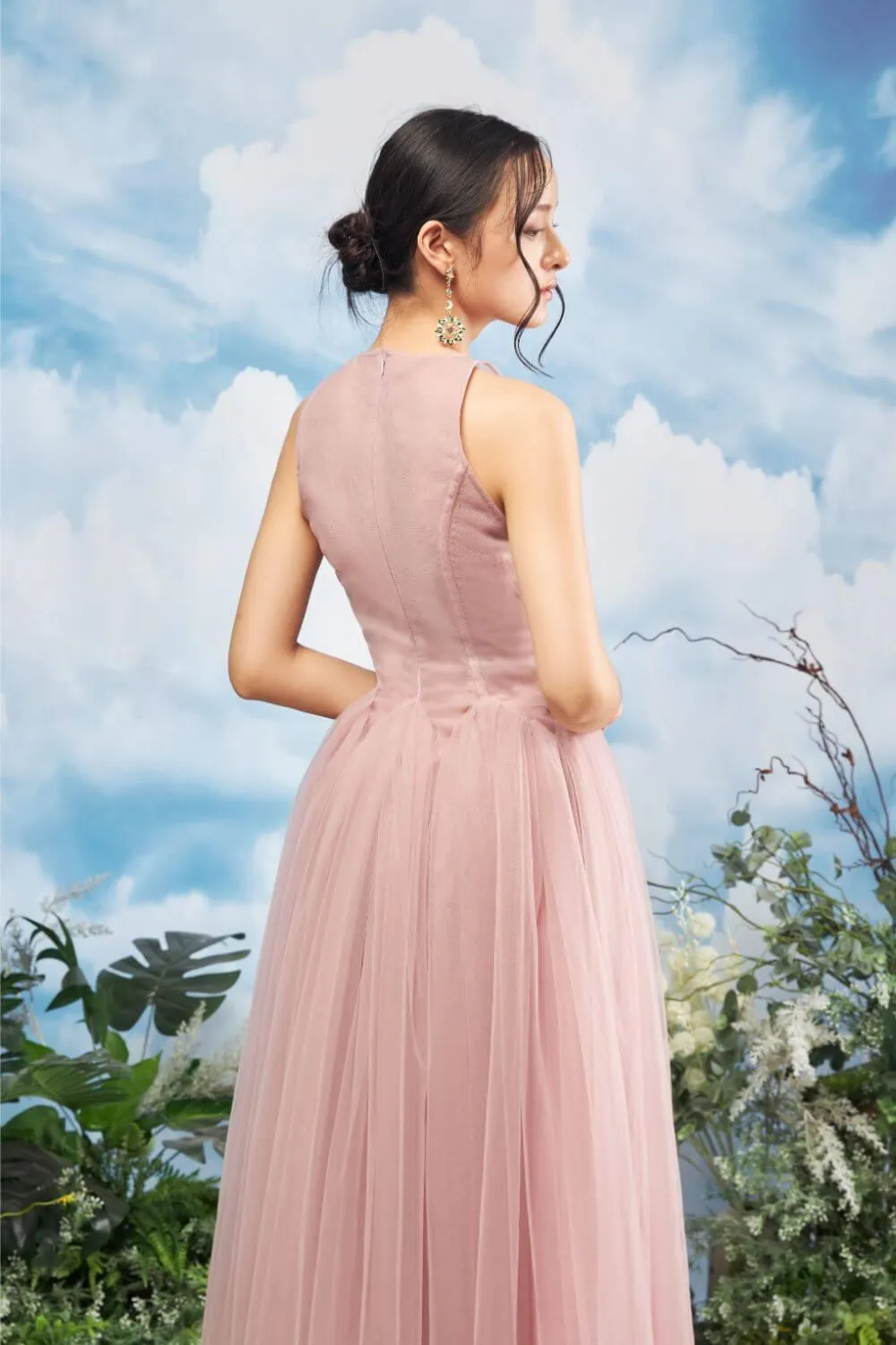Falcon Gathered Illusion Neck Mesh Sheer Midi Dress