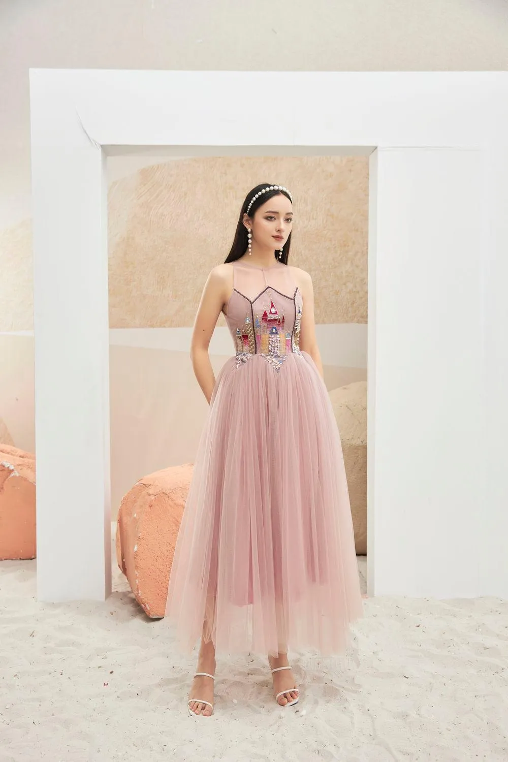 Falcon Gathered Illusion Neck Mesh Sheer Midi Dress