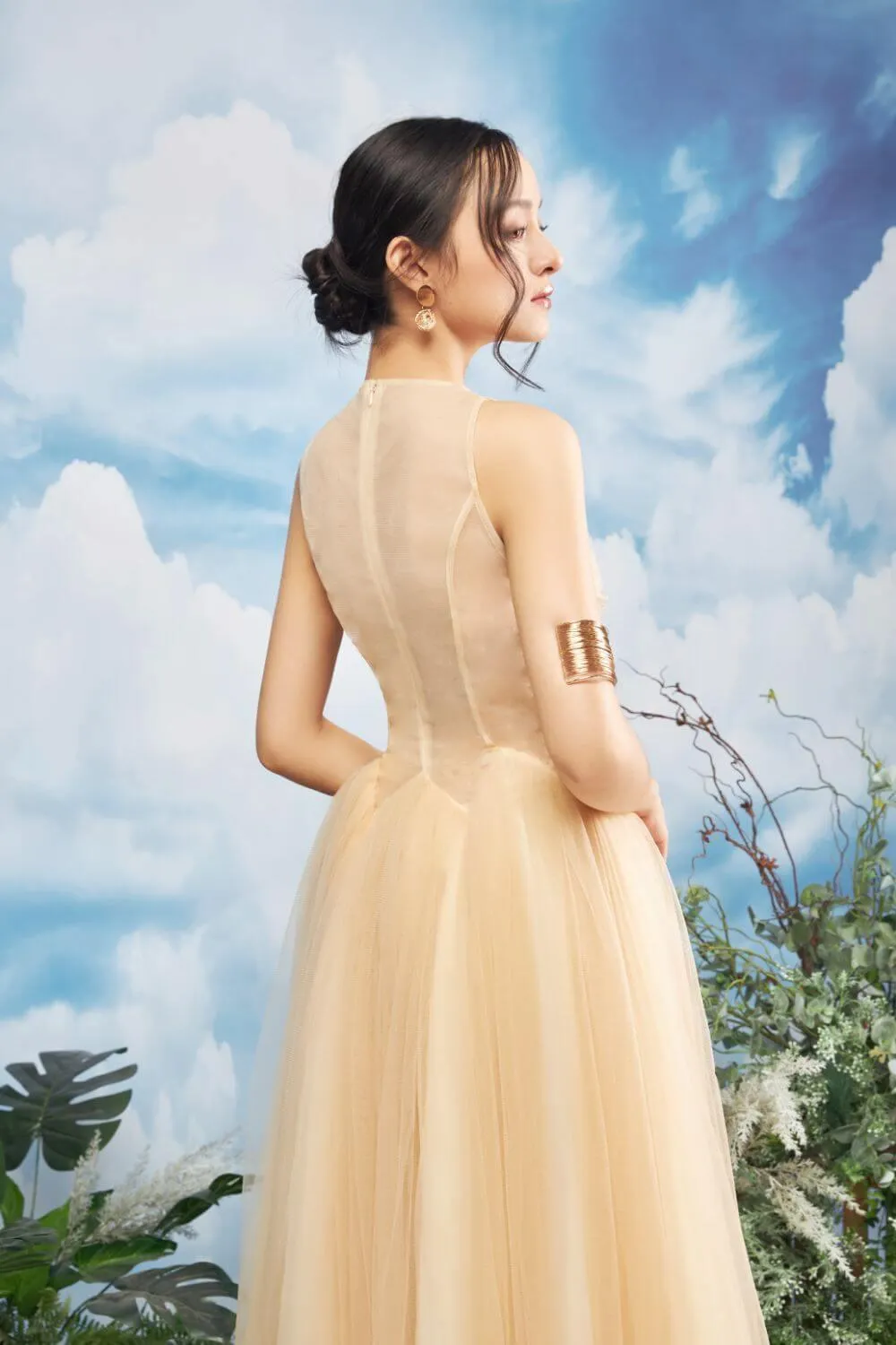 Falcon Gathered Illusion Neck Mesh Sheer Midi Dress
