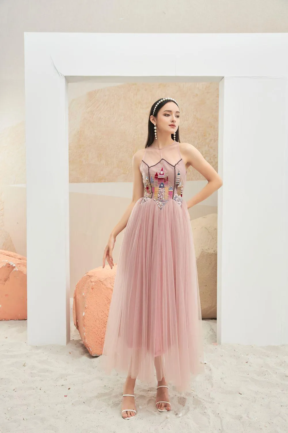 Falcon Gathered Illusion Neck Mesh Sheer Midi Dress