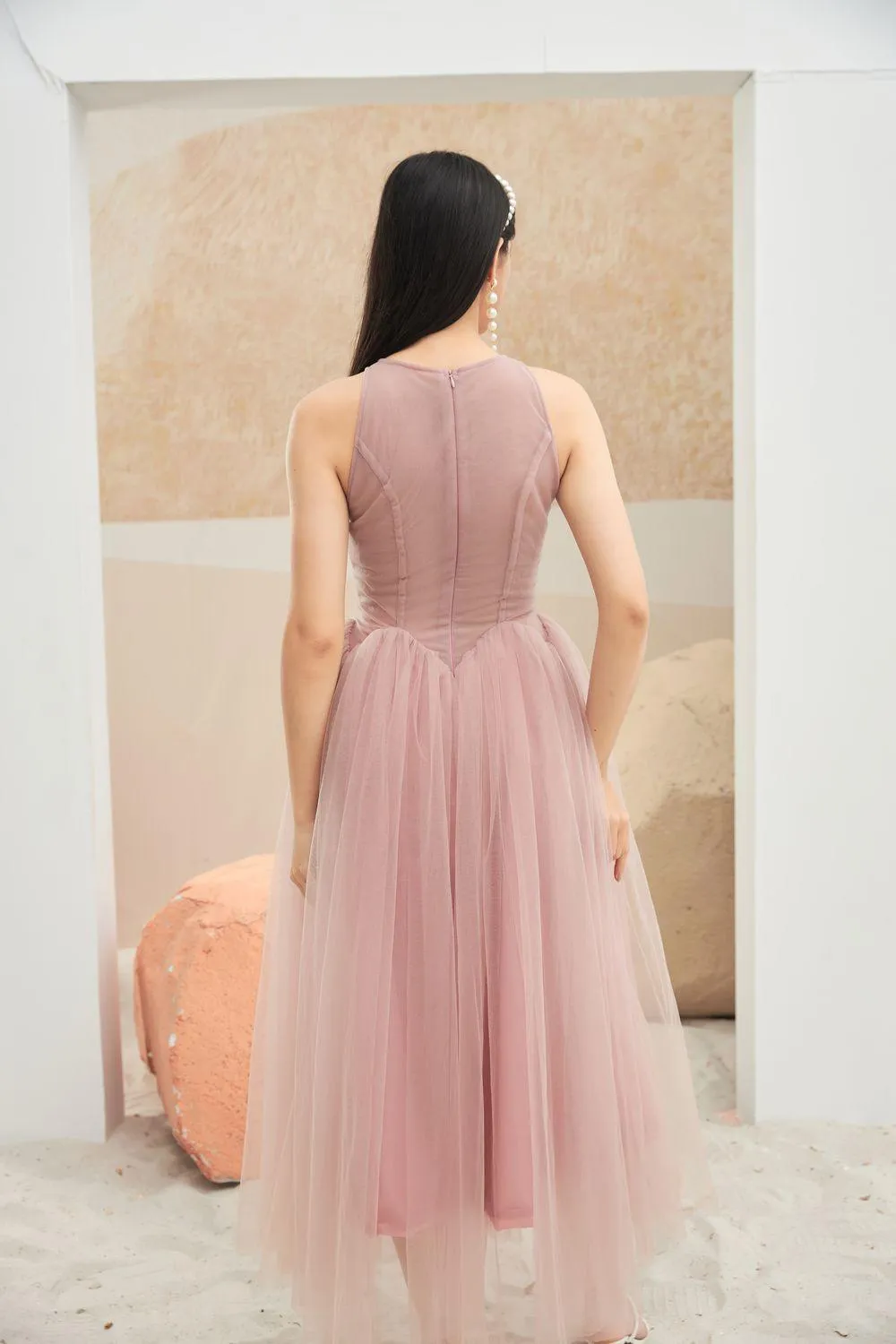Falcon Gathered Illusion Neck Mesh Sheer Midi Dress