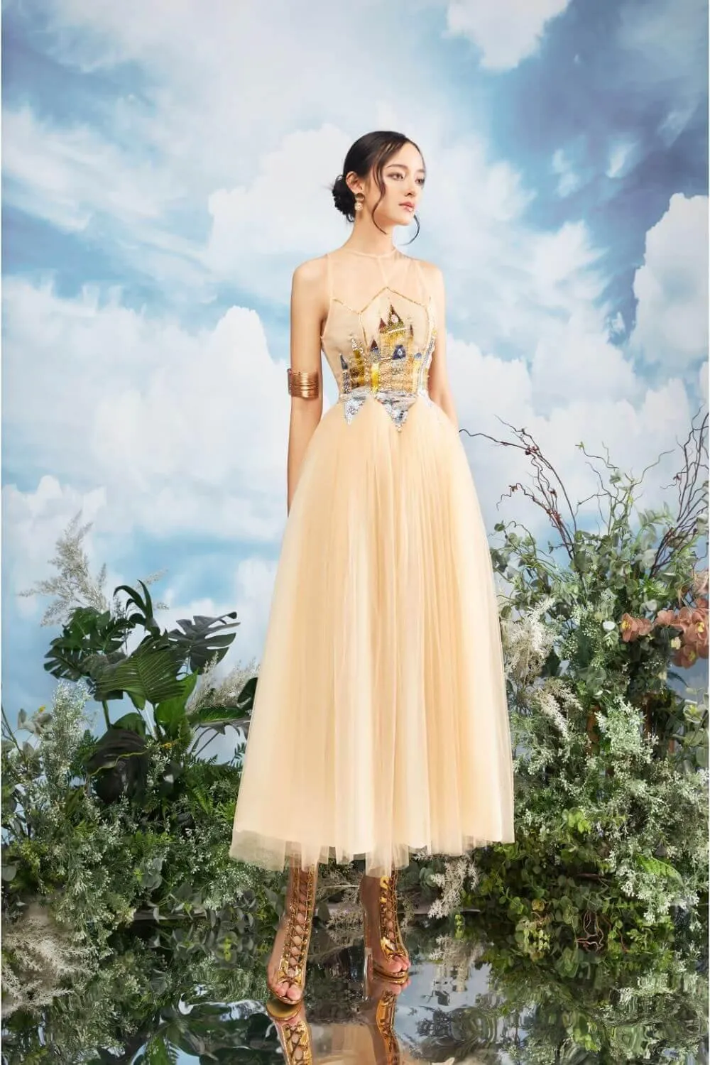 Falcon Gathered Illusion Neck Mesh Sheer Midi Dress