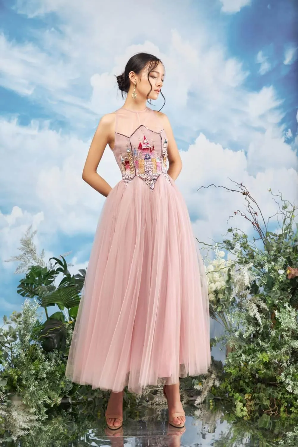 Falcon Gathered Illusion Neck Mesh Sheer Midi Dress