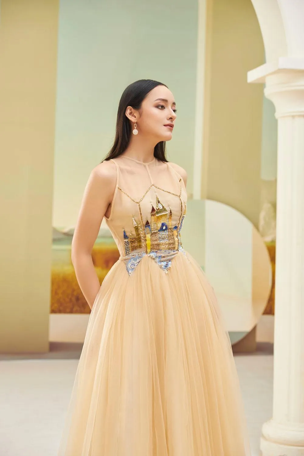 Falcon Gathered Illusion Neck Mesh Sheer Midi Dress