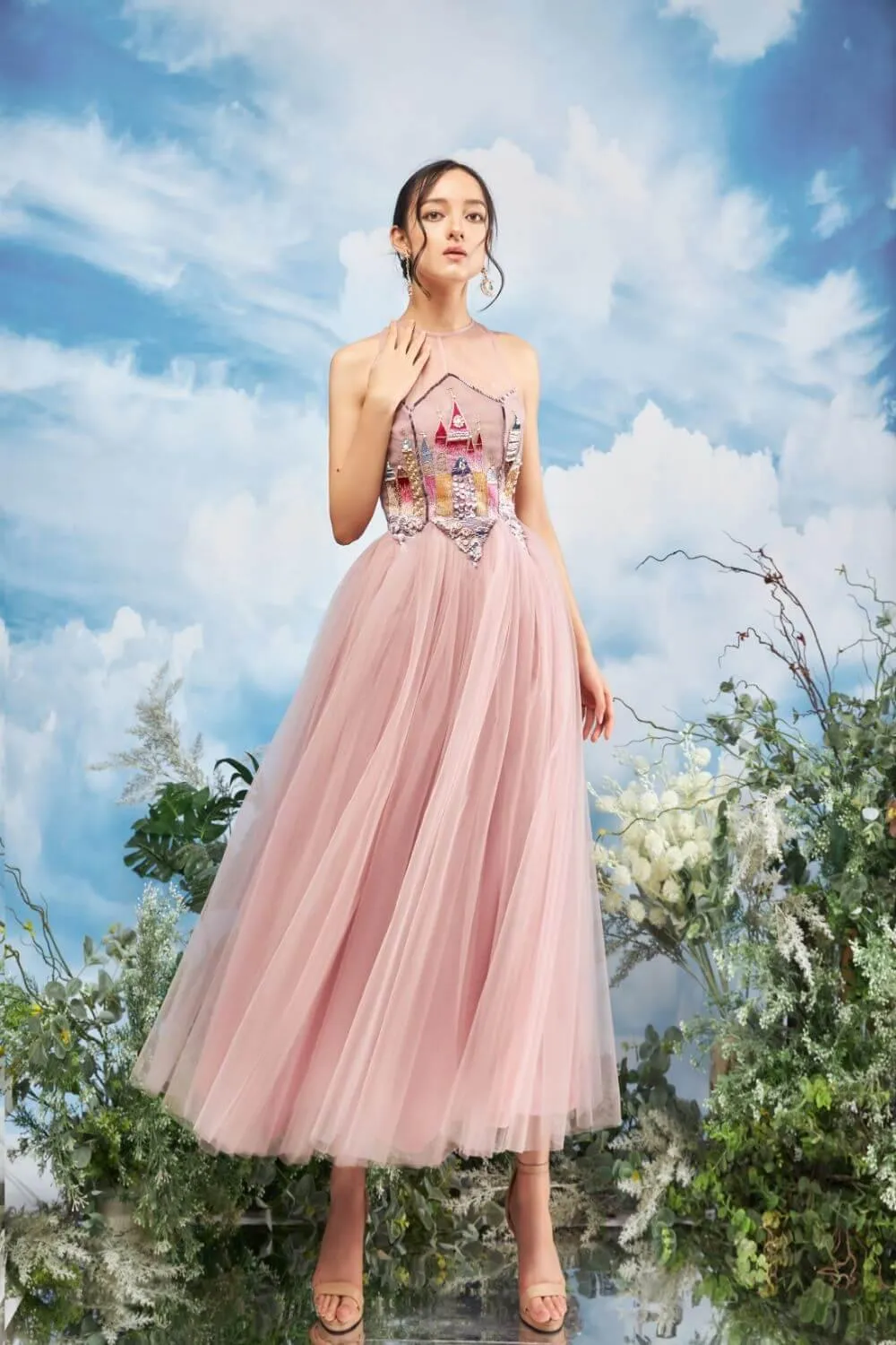 Falcon Gathered Illusion Neck Mesh Sheer Midi Dress