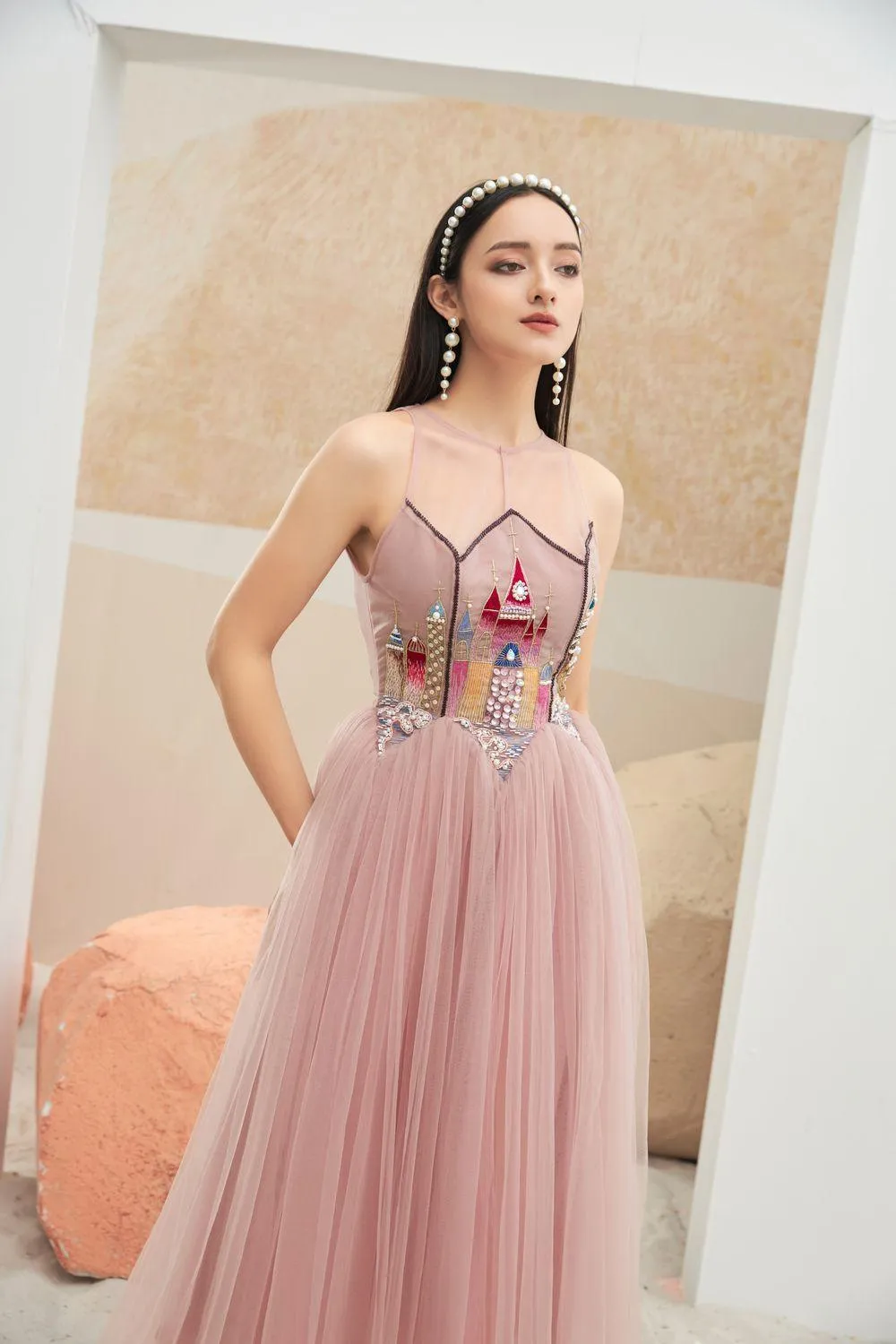 Falcon Gathered Illusion Neck Mesh Sheer Midi Dress