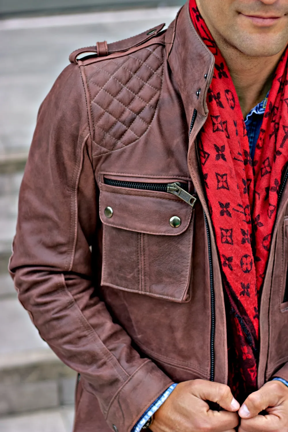 FIELD FR Leather Jacket Rugged Napa Washed Brown / Contrasted  - mid-length