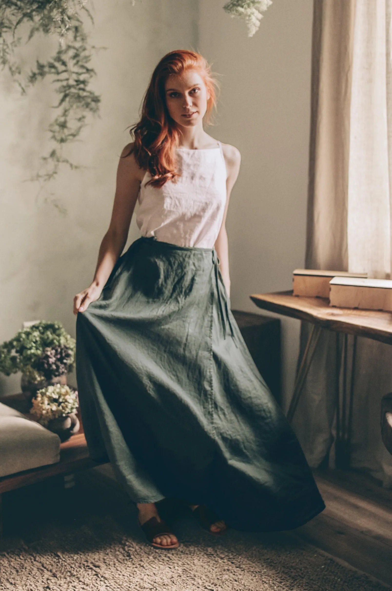 Flared Linen Wrap Skirt