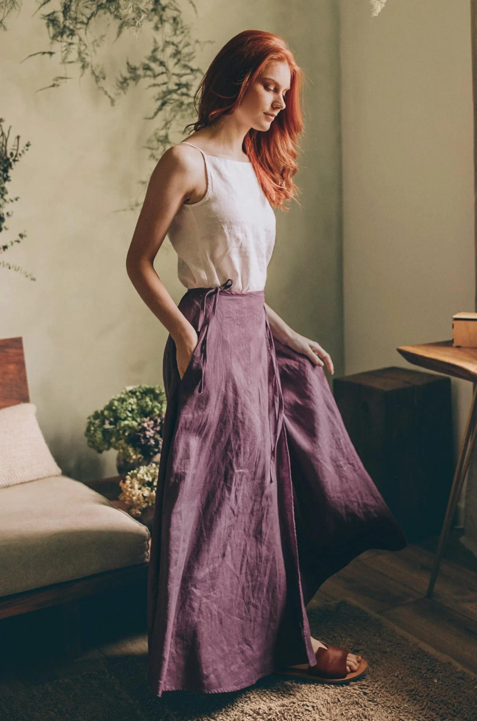 Flared Linen Wrap Skirt