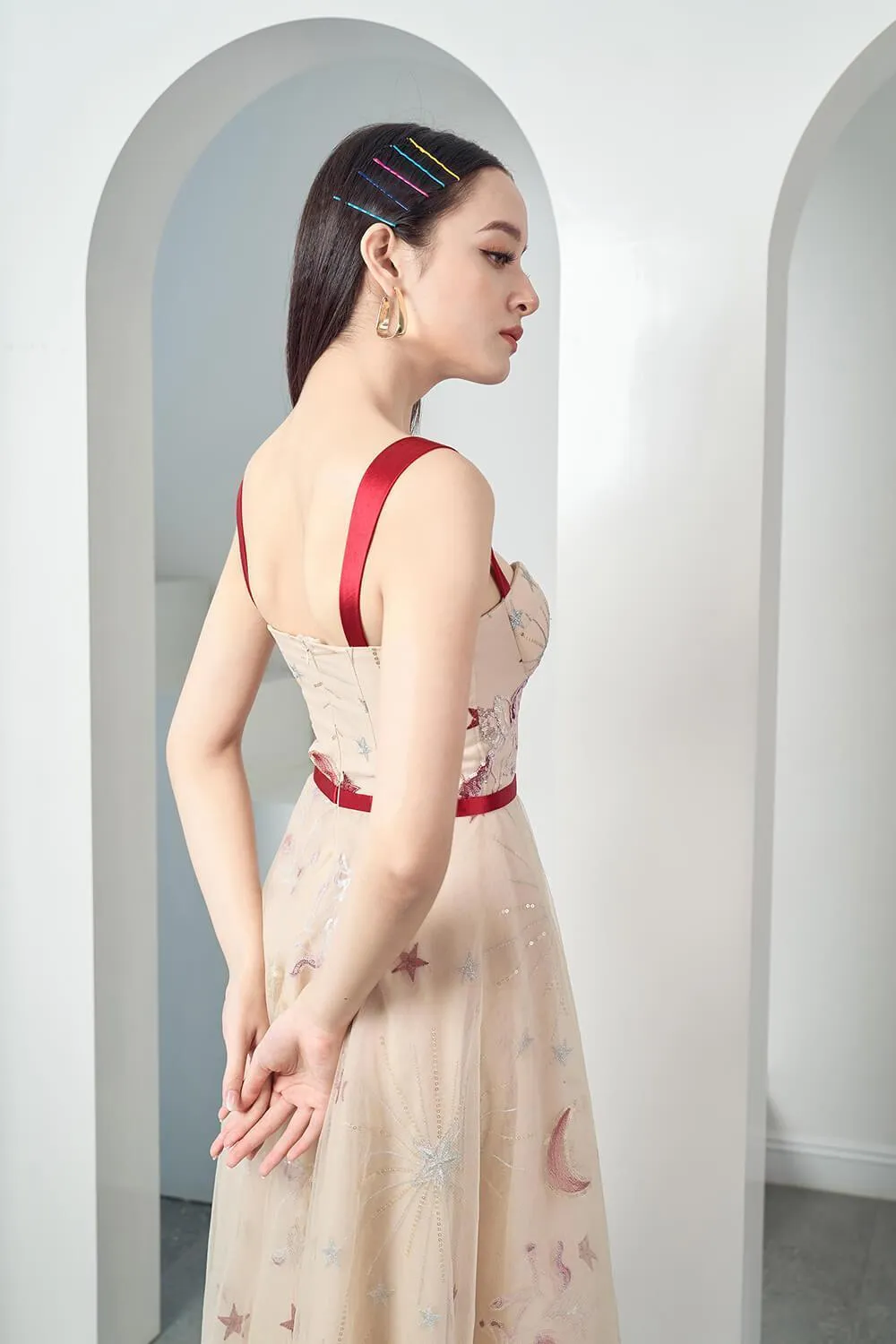Genoveva Fit and Flare Semi-Heart Neck Mesh Sheer Midi Dress