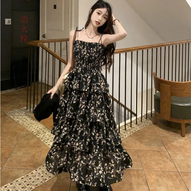 Girlary Y2k Korean Style One Piece Floral Dress Women Vintage Elegant Layered High Waist Black Long Slip Fairy Dresses Summer