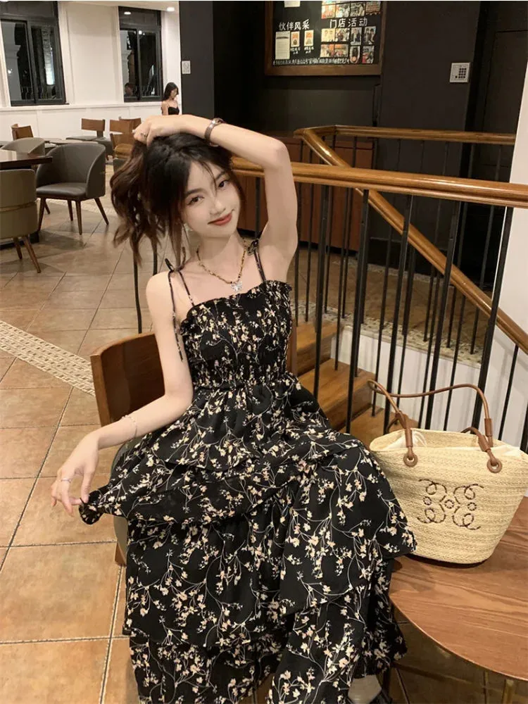 Girlary Y2k Korean Style One Piece Floral Dress Women Vintage Elegant Layered High Waist Black Long Slip Fairy Dresses Summer