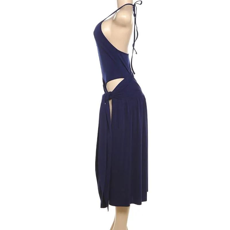 Halter self tie button ruched deep V neck midi skirt set