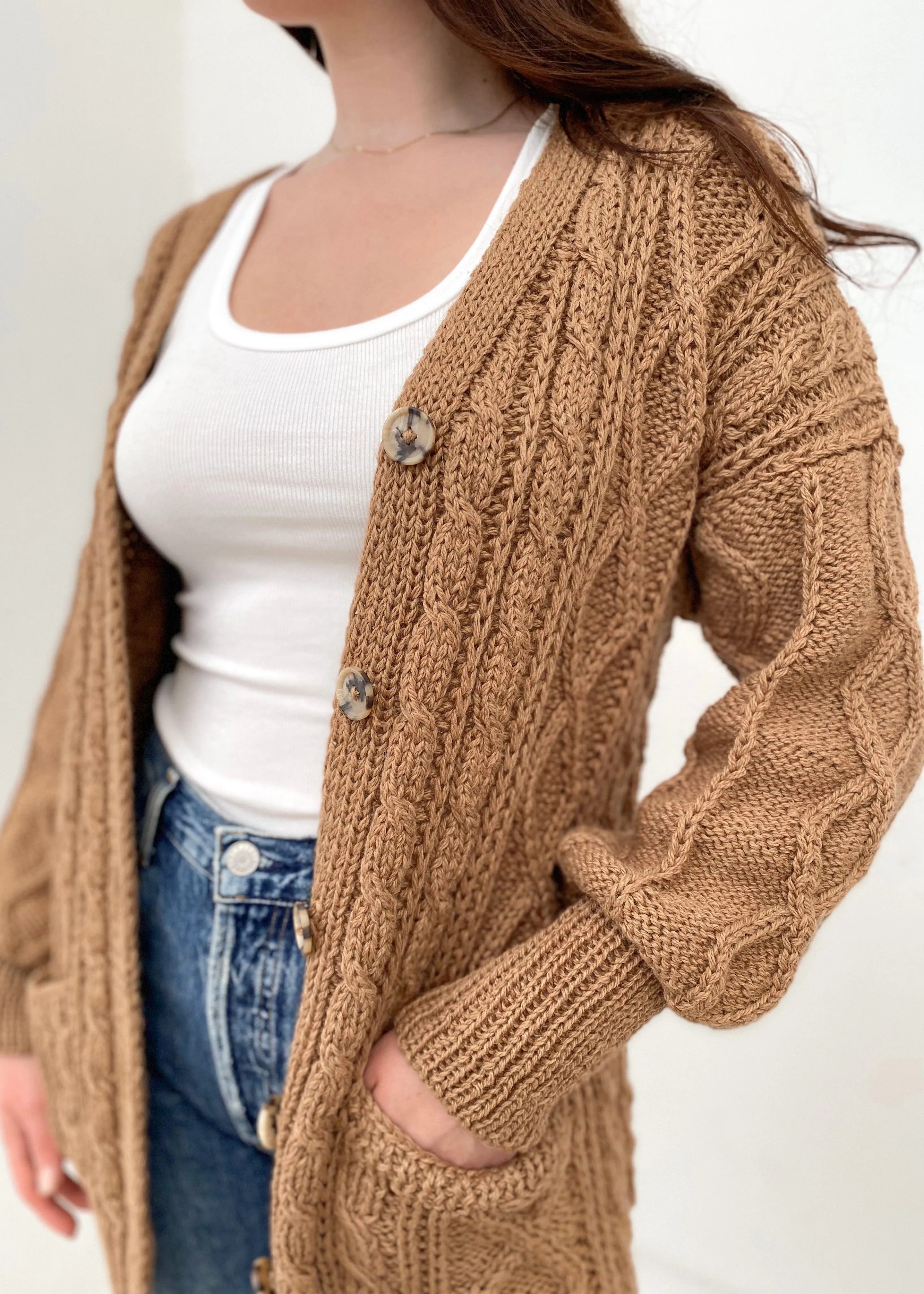 Handknit Cableknit Cardigan - Camel