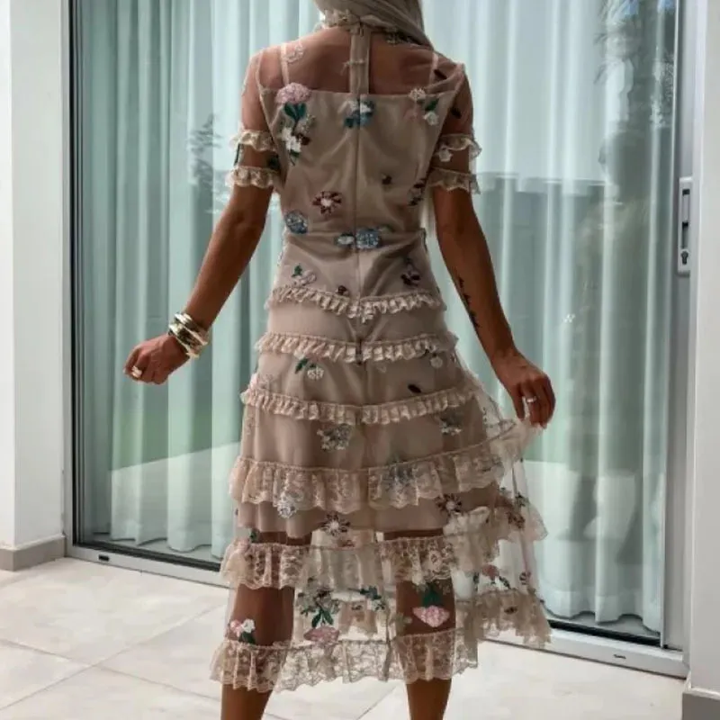 High Neck Slim Elegant Lace Patchwork Short-Sleeved Mesh Print Summer Temperament Dress