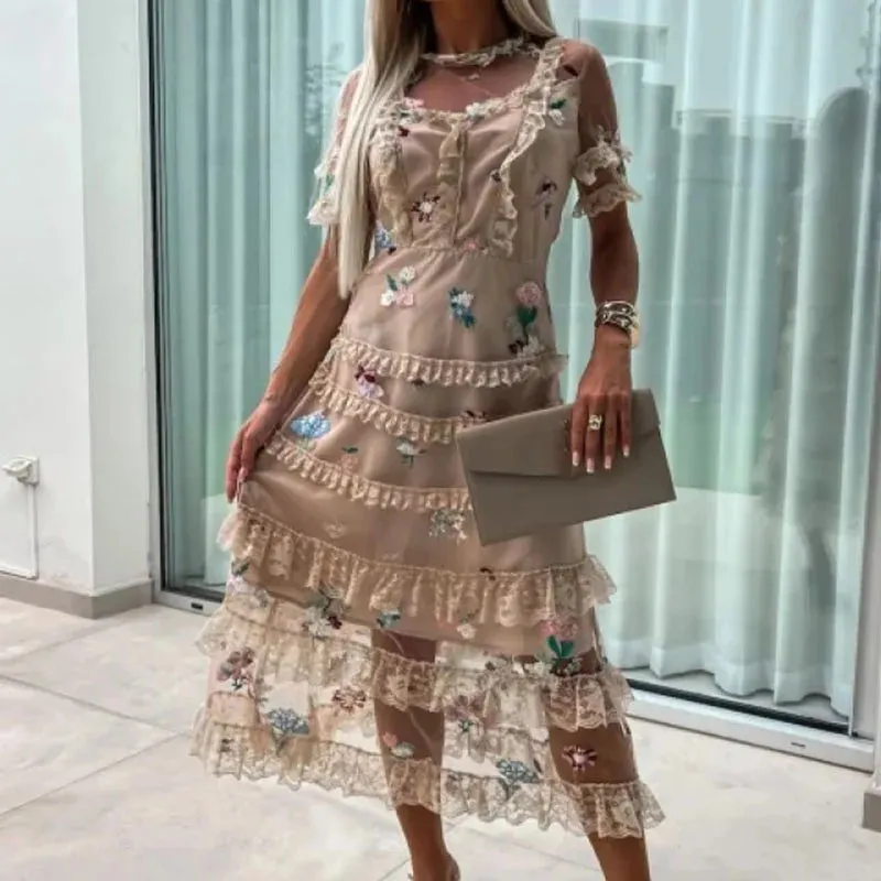 High Neck Slim Elegant Lace Patchwork Short-Sleeved Mesh Print Summer Temperament Dress