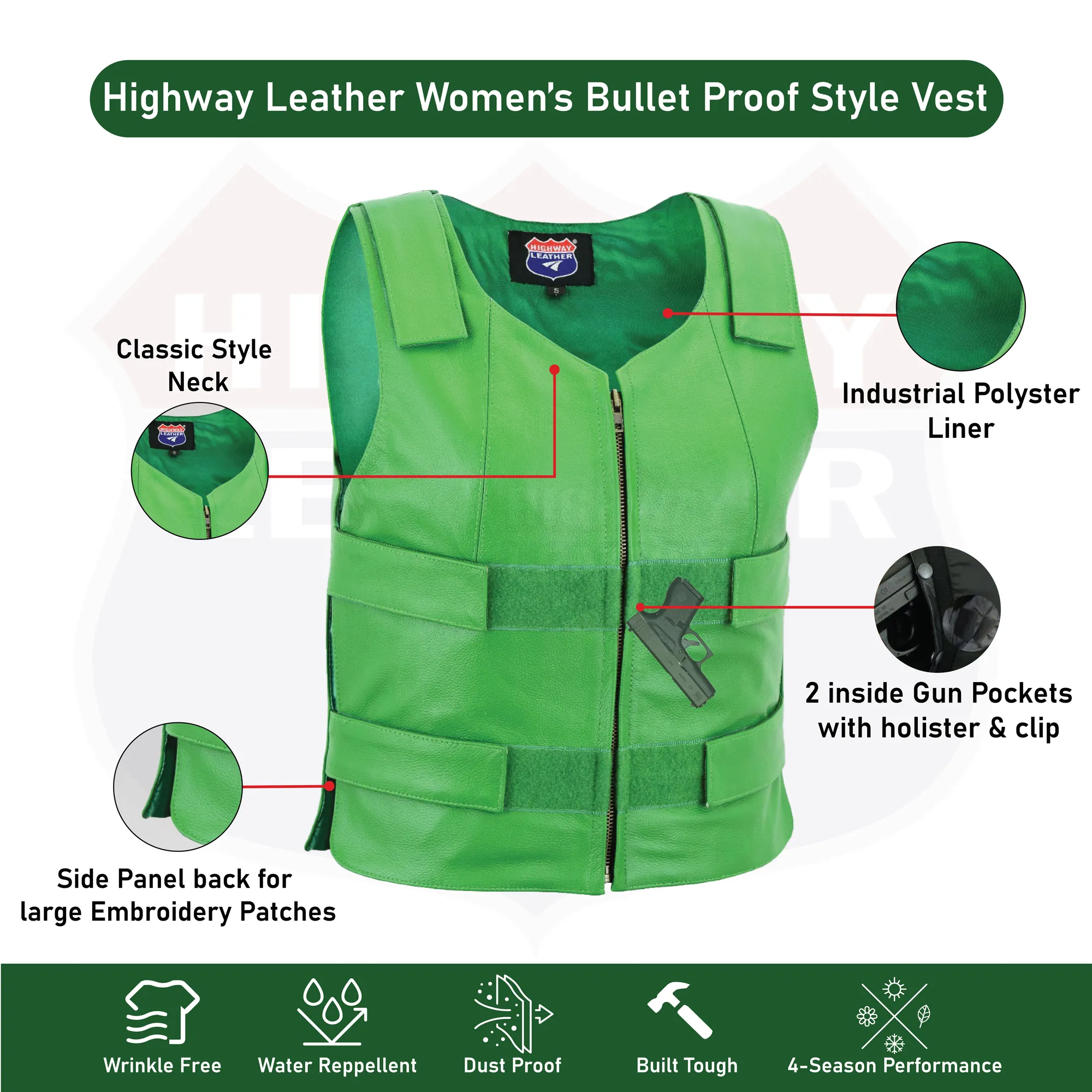 HL14945Green  WOMEN Bulletproof Style Leather vest designs for Bikers Clubs