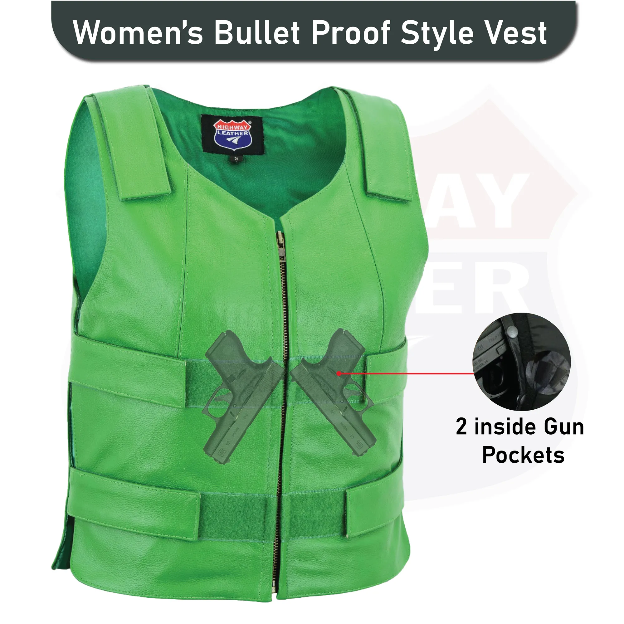 HL14945Green  WOMEN Bulletproof Style Leather vest designs for Bikers Clubs
