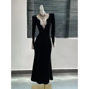IKEARLAX  Royal Style High-End Super Nice Black Vintage Velvet Long Dress Women's  New Dress Dress