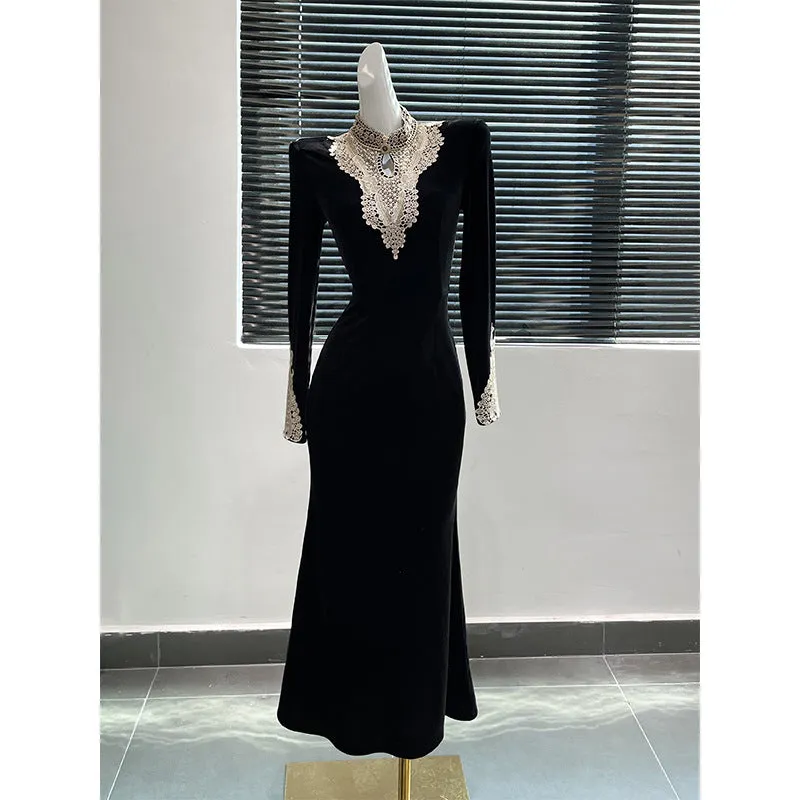 IKEARLAX  Royal Style High-End Super Nice Black Vintage Velvet Long Dress Women's  New Dress Dress