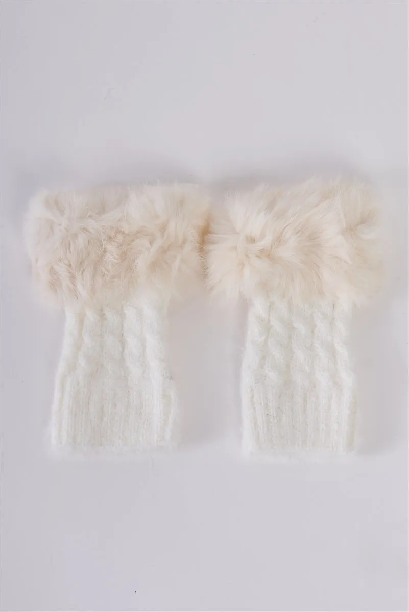 Ivory Knit Furry Shoe Insert Short Leg Warmers