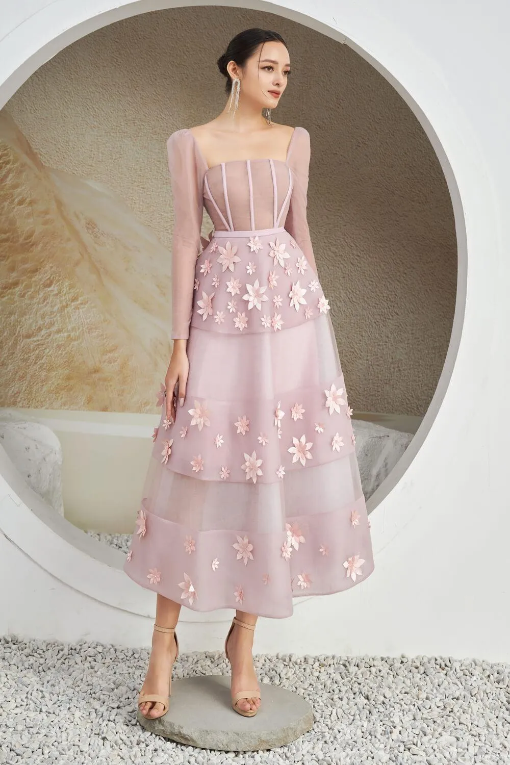 Jacqueline Fit and Flare Square Neck Organza Midi Dress