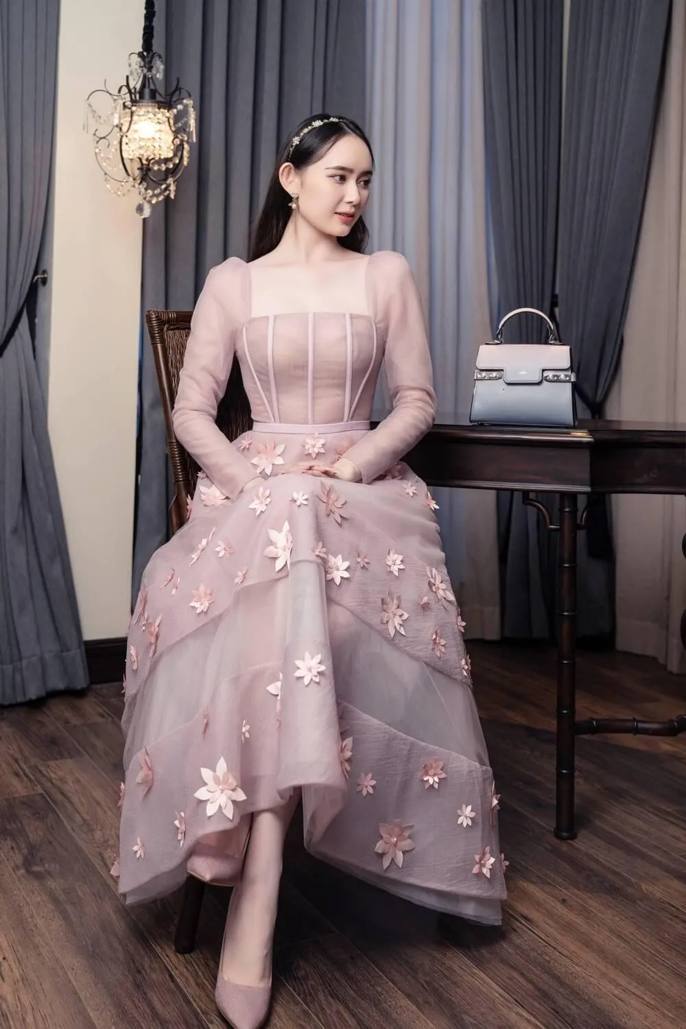 Jacqueline Fit and Flare Square Neck Organza Midi Dress