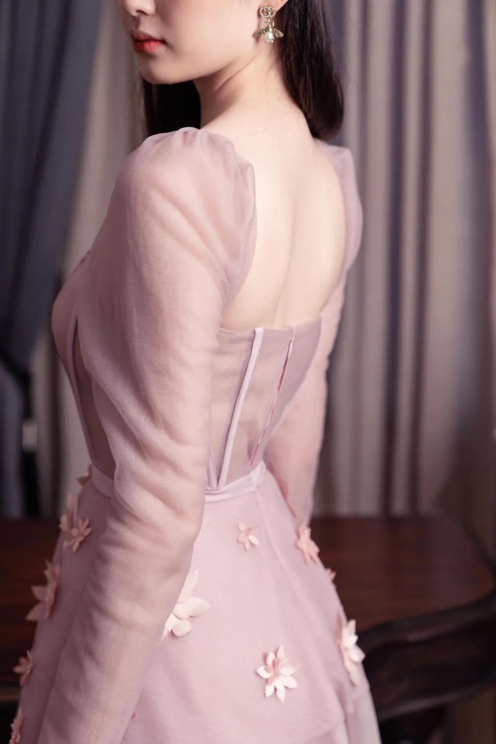 Jacqueline Fit and Flare Square Neck Organza Midi Dress