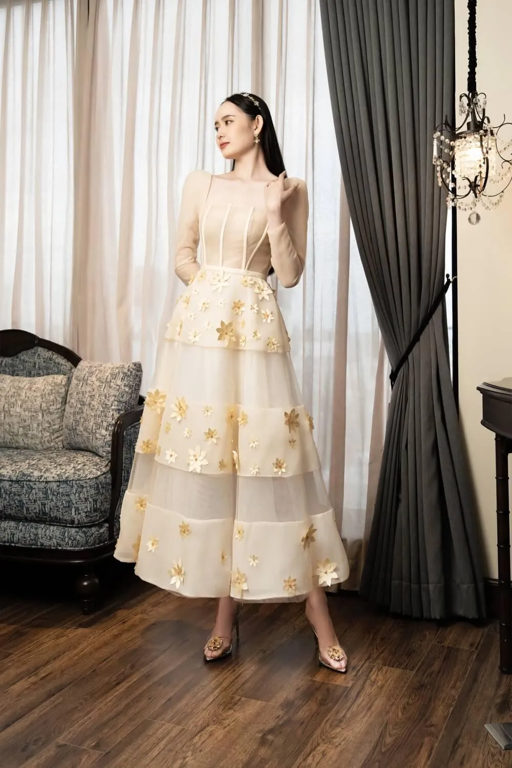 Jacqueline Fit and Flare Square Neck Organza Midi Dress