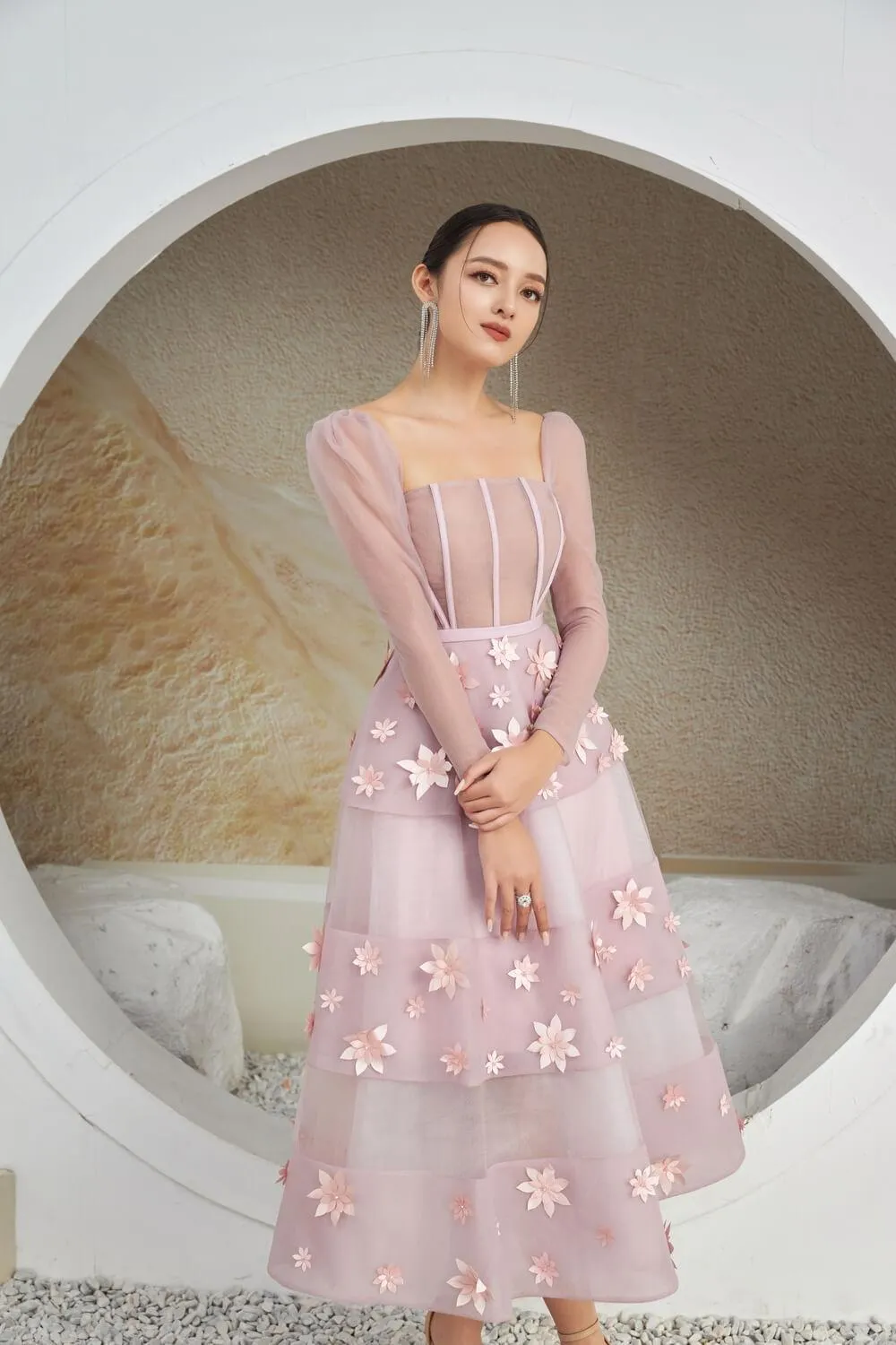Jacqueline Fit and Flare Square Neck Organza Midi Dress