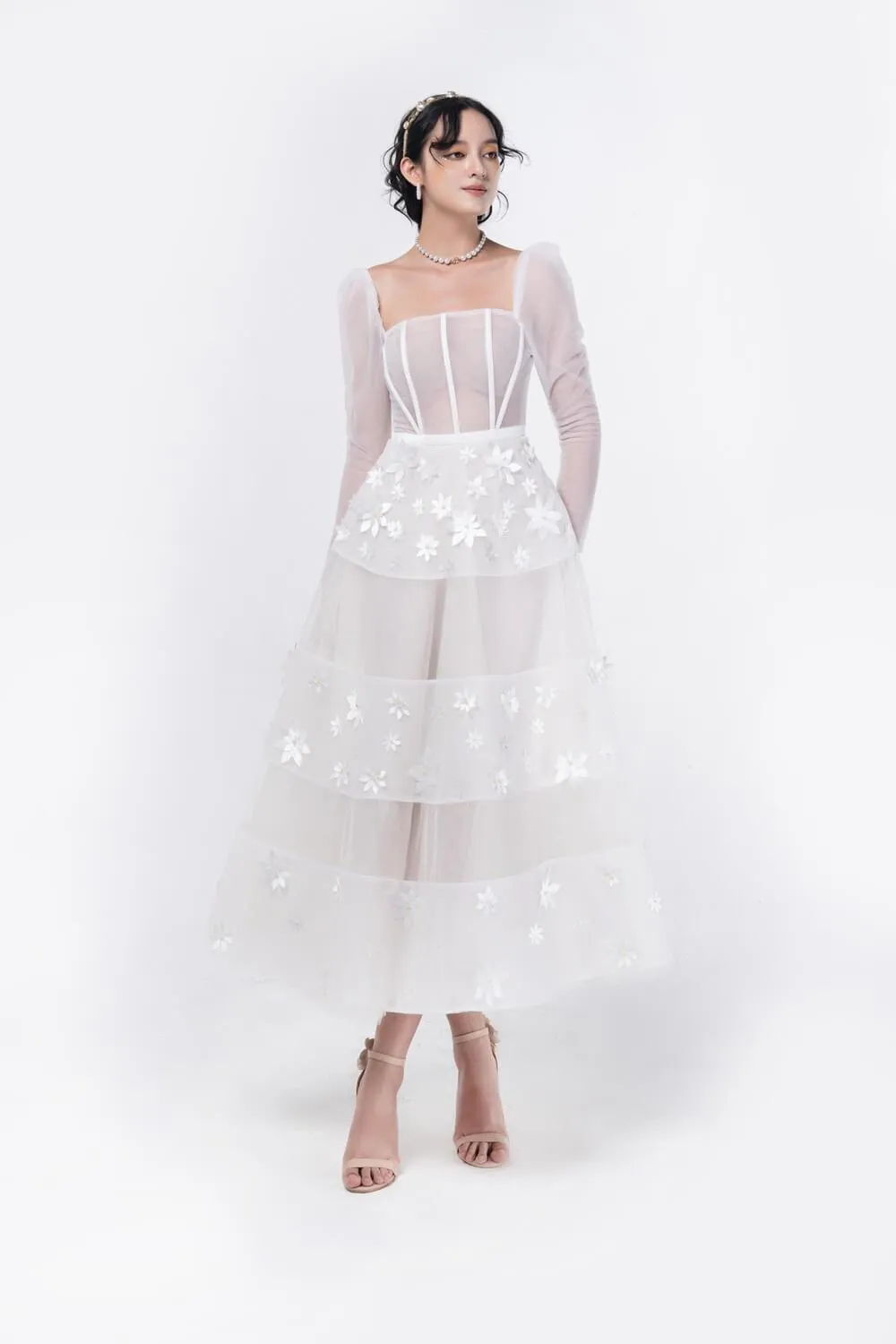 Jacqueline Fit and Flare Square Neck Organza Midi Dress