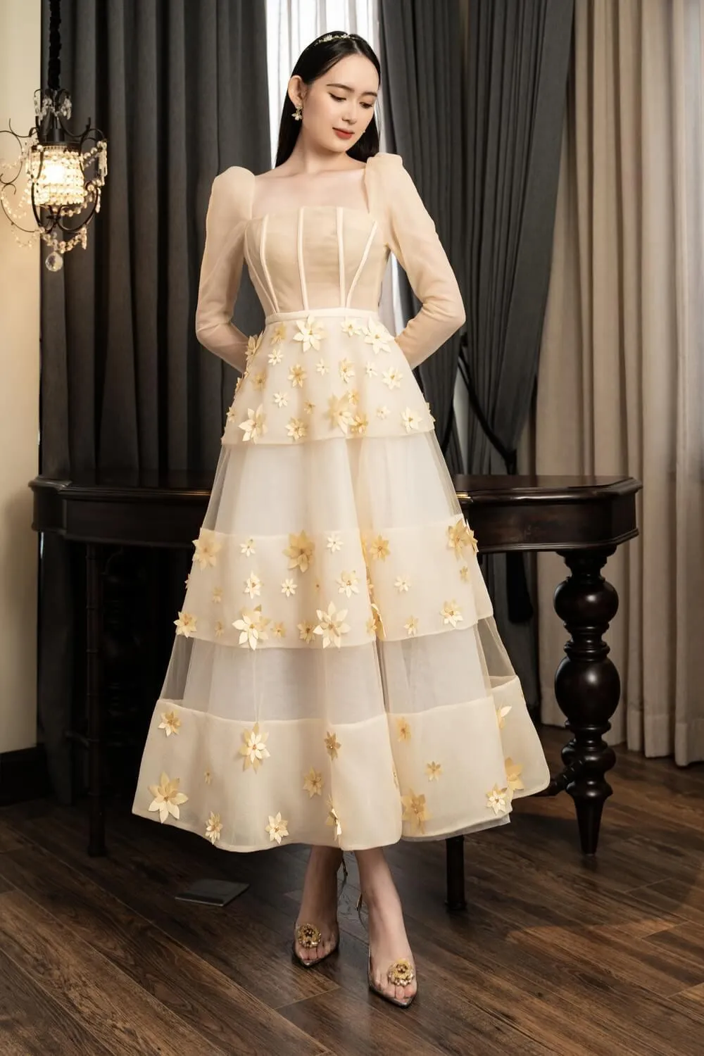 Jacqueline Fit and Flare Square Neck Organza Midi Dress