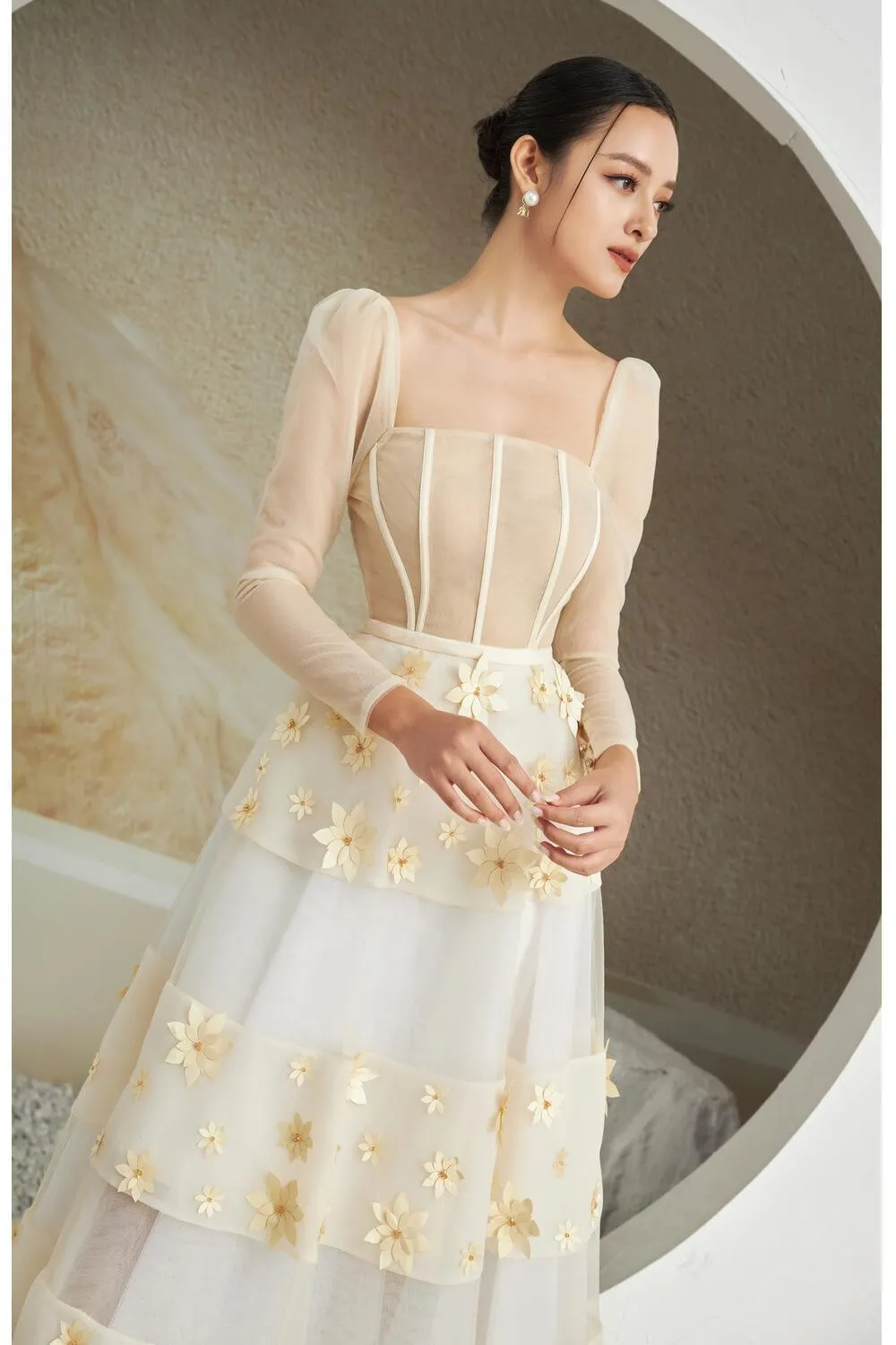 Jacqueline Fit and Flare Square Neck Organza Midi Dress