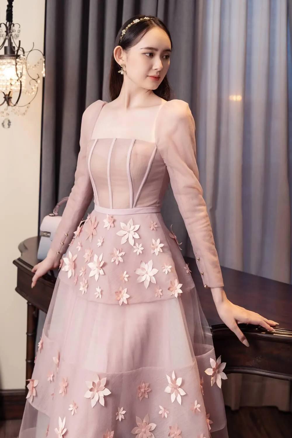Jacqueline Fit and Flare Square Neck Organza Midi Dress