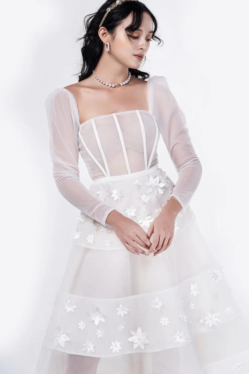 Jacqueline Fit and Flare Square Neck Organza Midi Dress