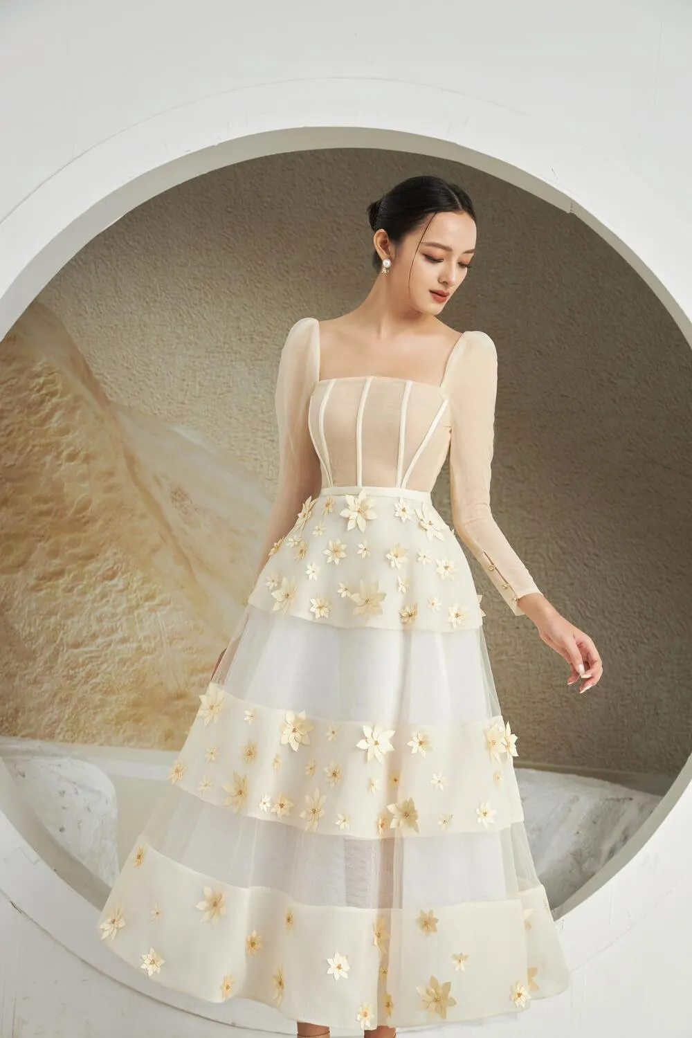 Jacqueline Fit and Flare Square Neck Organza Midi Dress