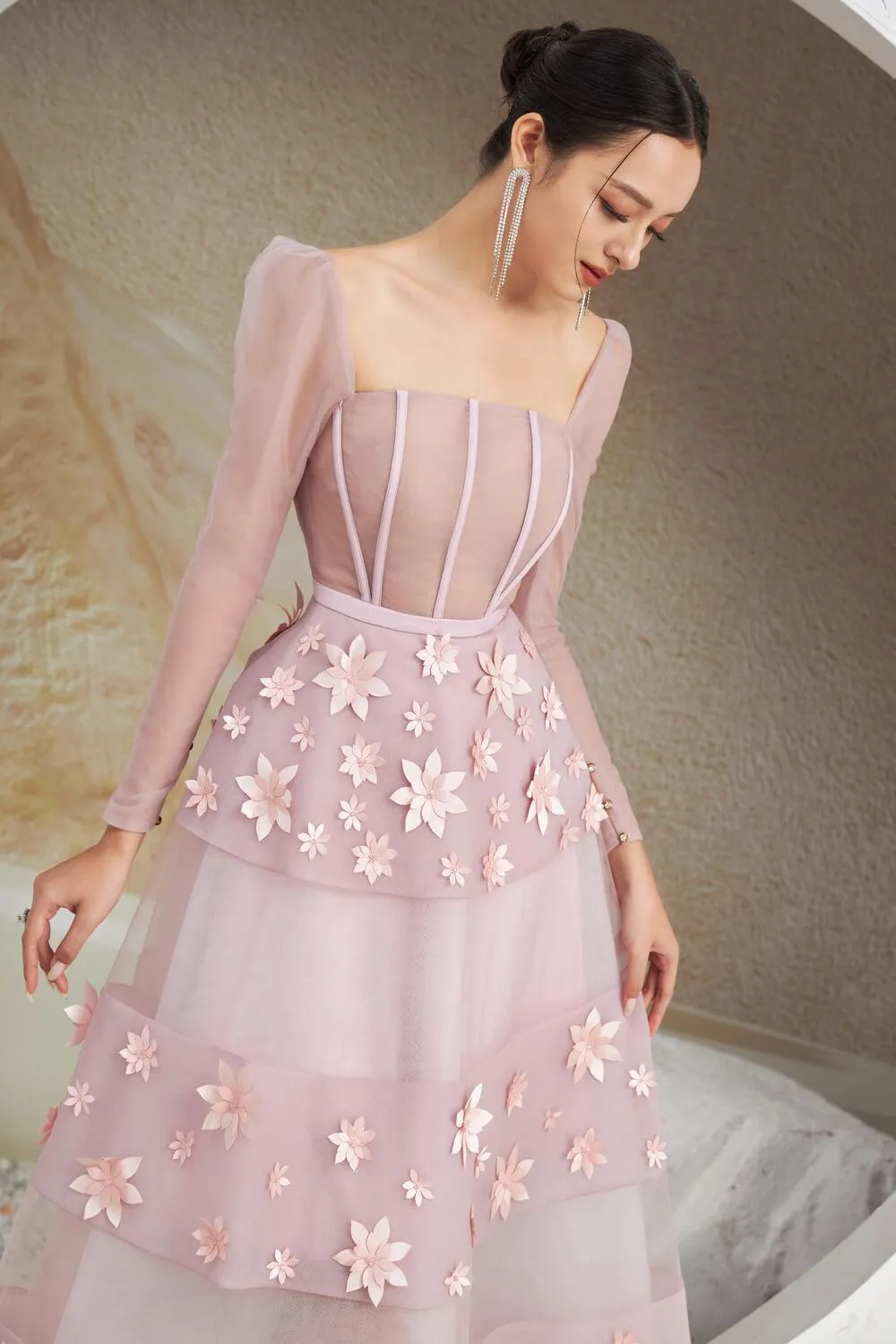 Jacqueline Fit and Flare Square Neck Organza Midi Dress
