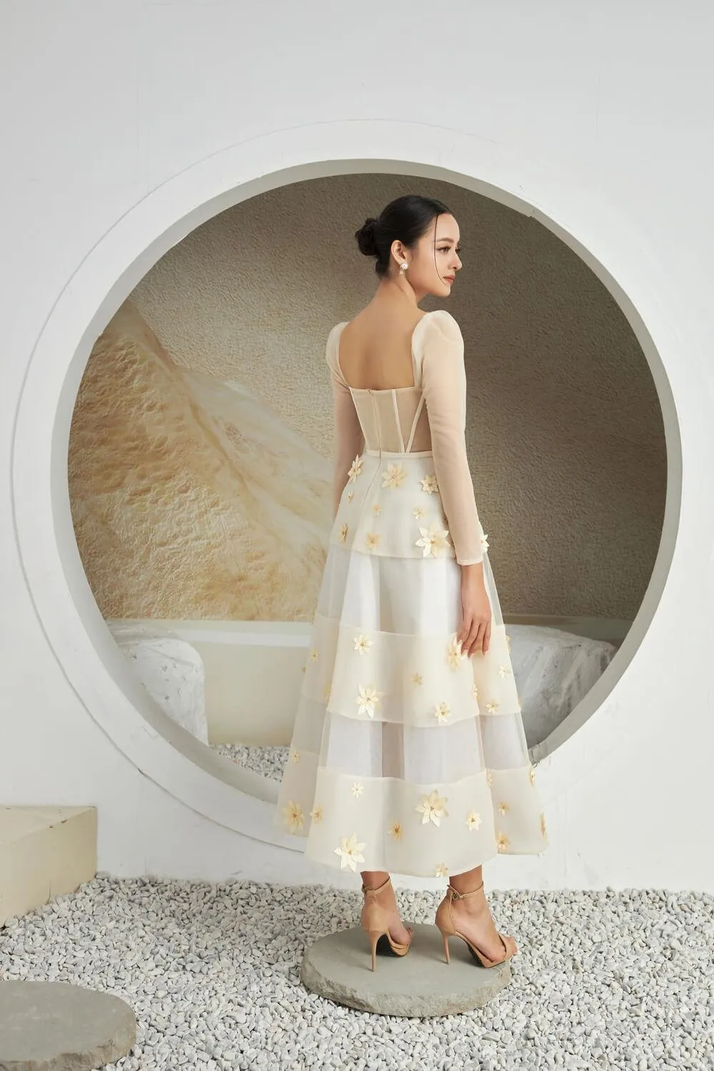 Jacqueline Fit and Flare Square Neck Organza Midi Dress