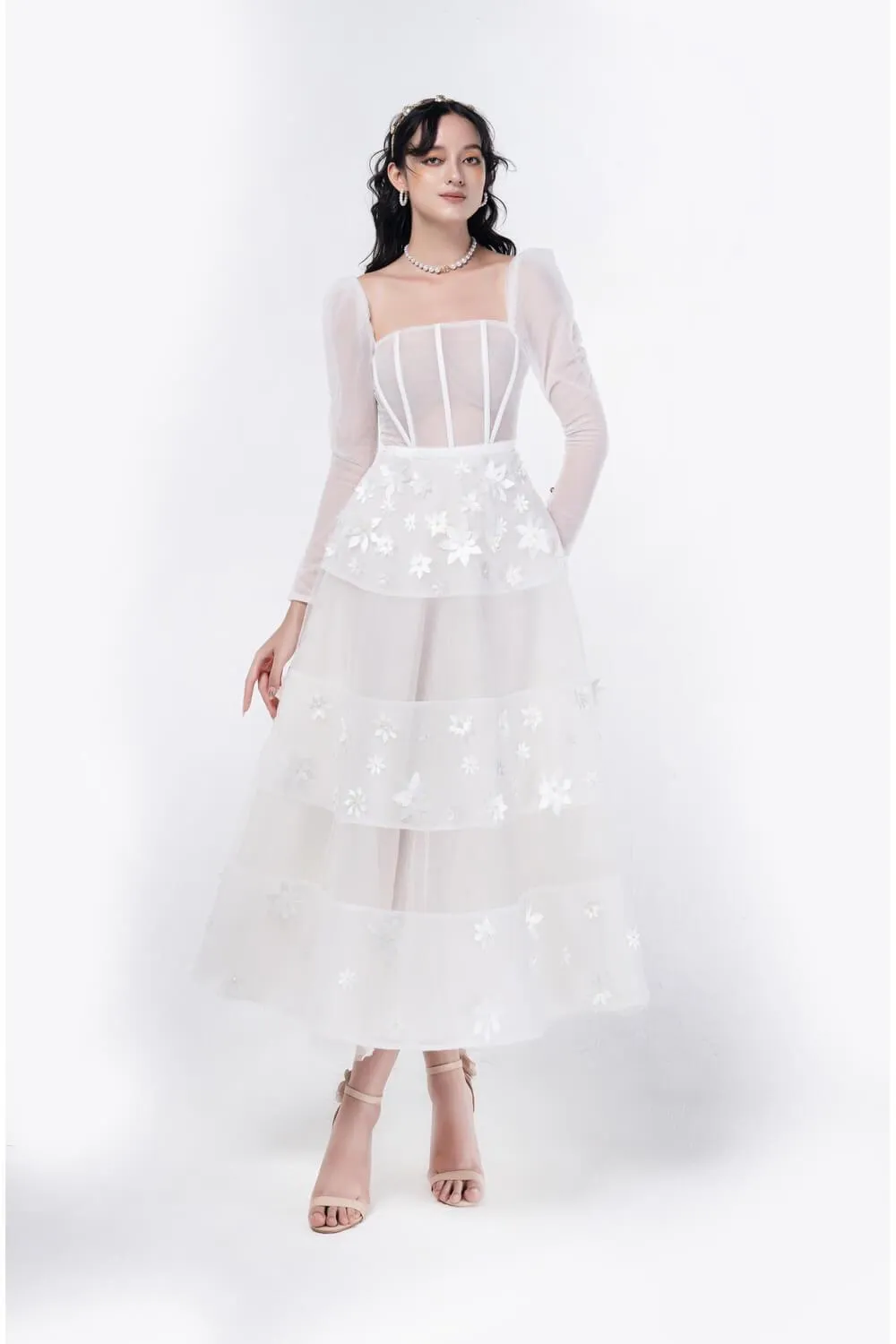 Jacqueline Fit and Flare Square Neck Organza Midi Dress