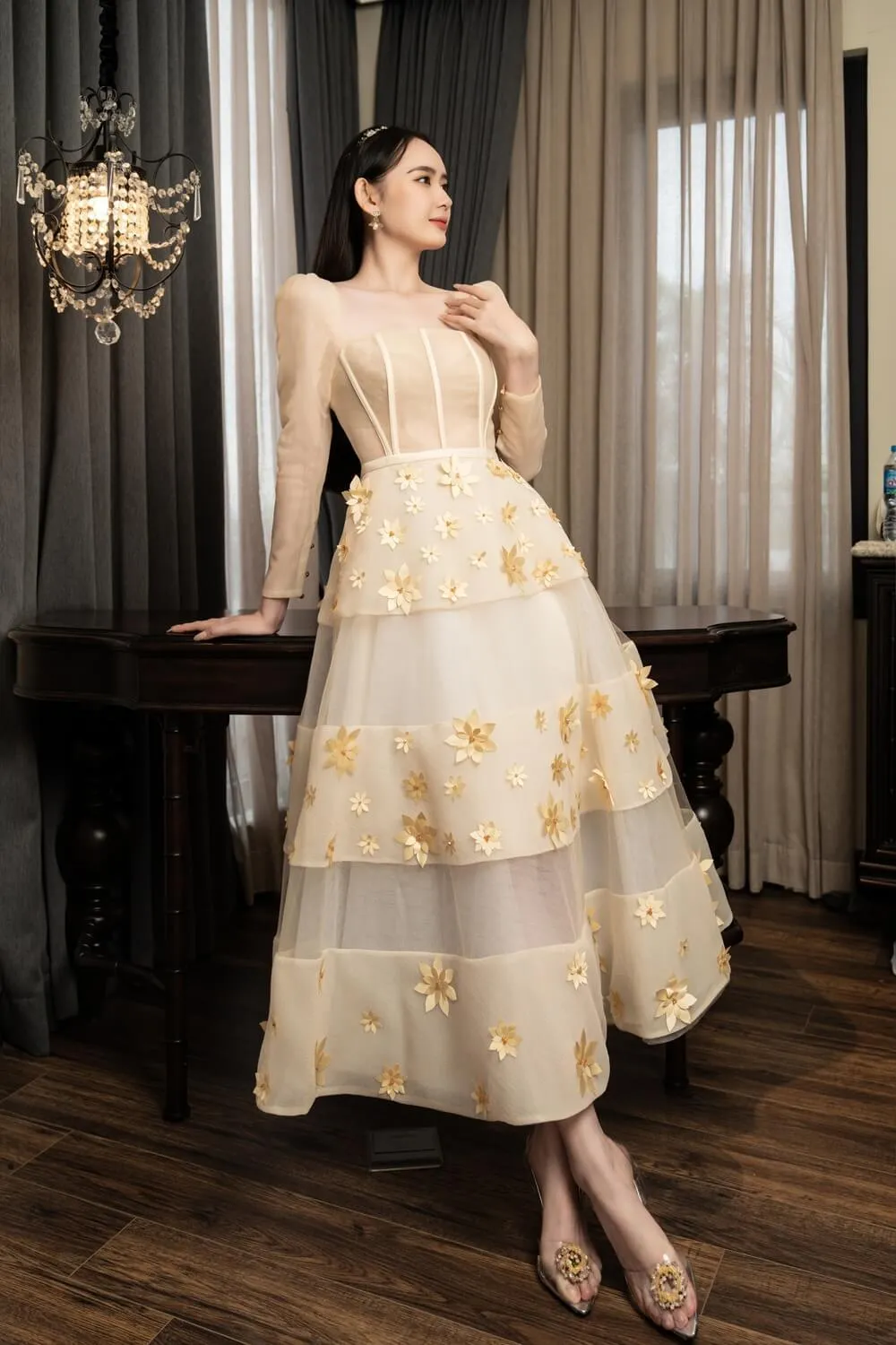 Jacqueline Fit and Flare Square Neck Organza Midi Dress