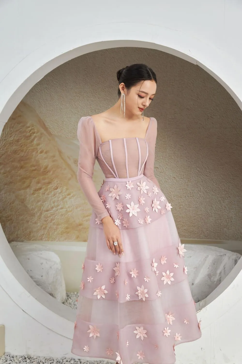 Jacqueline Fit and Flare Square Neck Organza Midi Dress