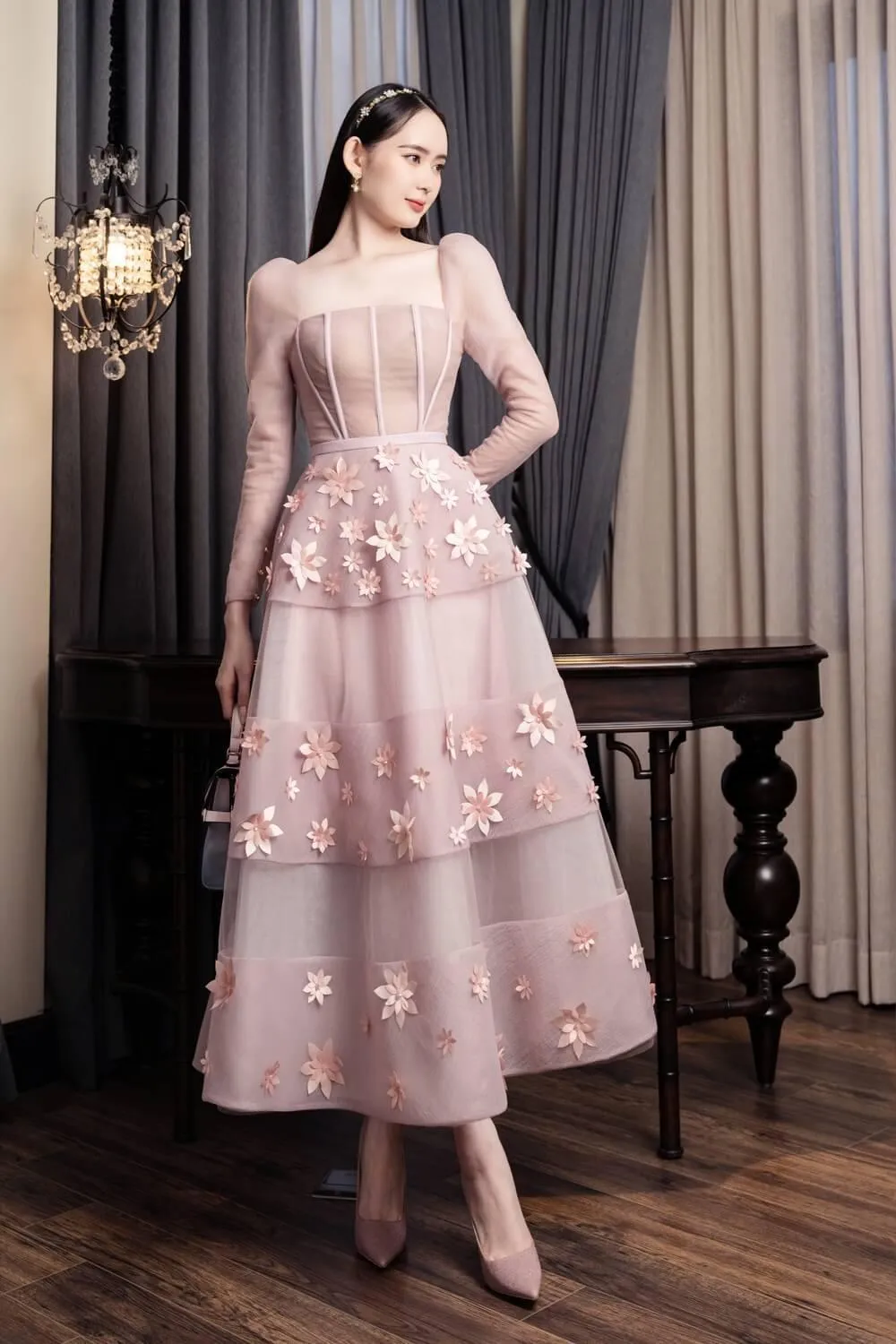 Jacqueline Fit and Flare Square Neck Organza Midi Dress