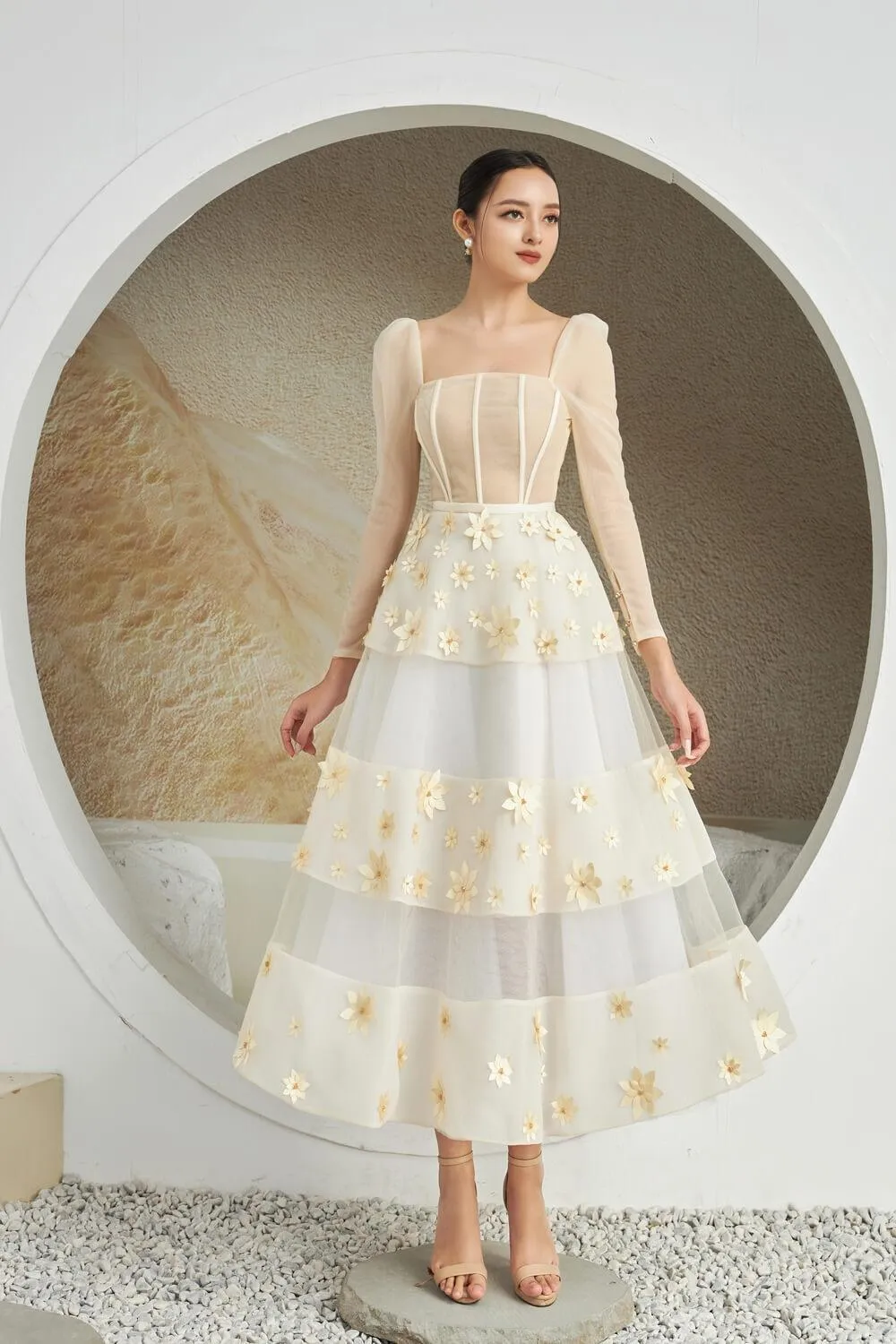 Jacqueline Fit and Flare Square Neck Organza Midi Dress