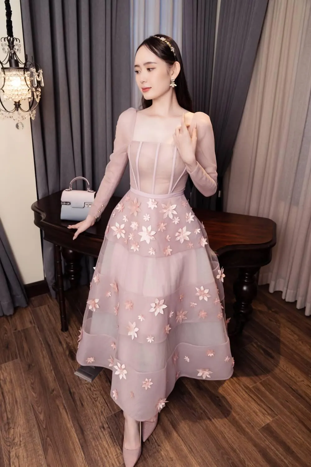 Jacqueline Fit and Flare Square Neck Organza Midi Dress