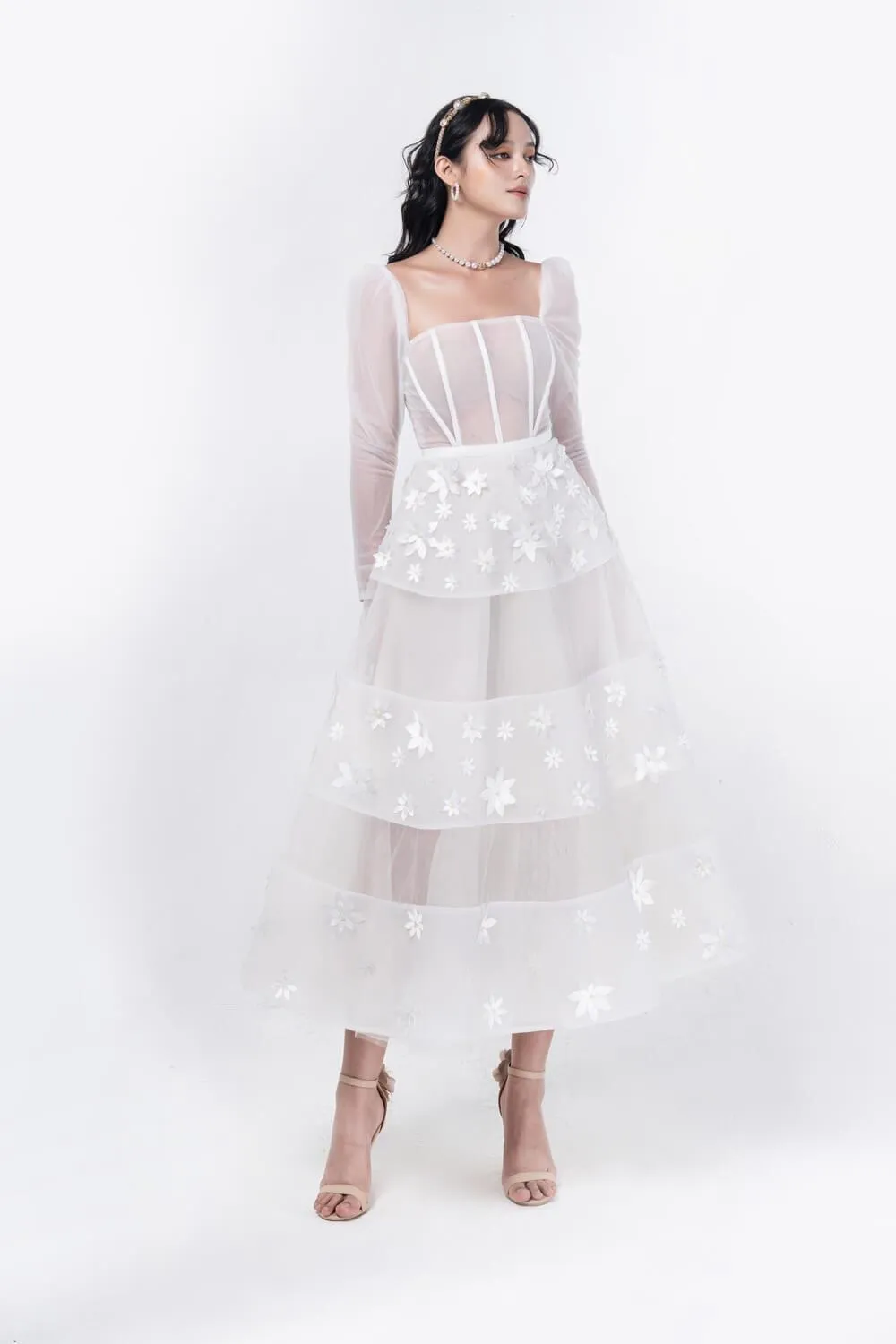 Jacqueline Fit and Flare Square Neck Organza Midi Dress