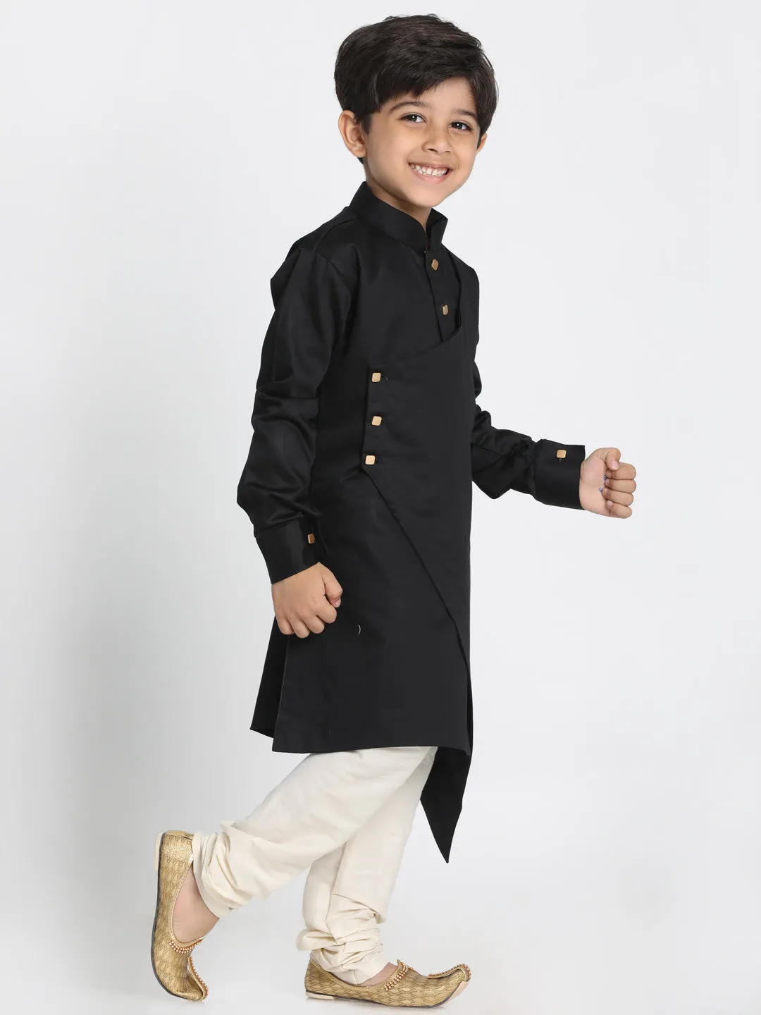 Jashvi Cotton Satin Blend Black and Cream Baap Beta Kurta Pyjama Set