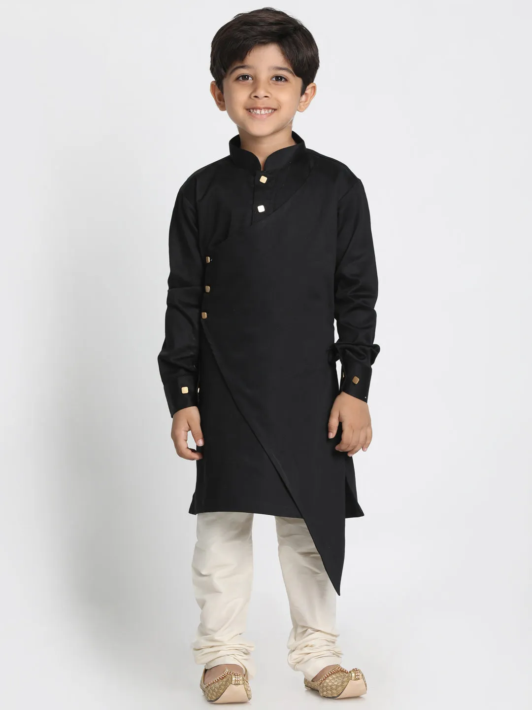 Jashvi Cotton Satin Blend Black and Cream Baap Beta Kurta Pyjama Set