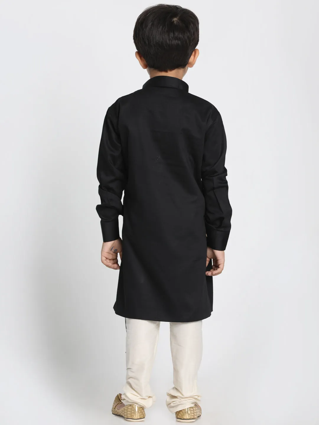 Jashvi Cotton Satin Blend Black and Cream Baap Beta Kurta Pyjama Set