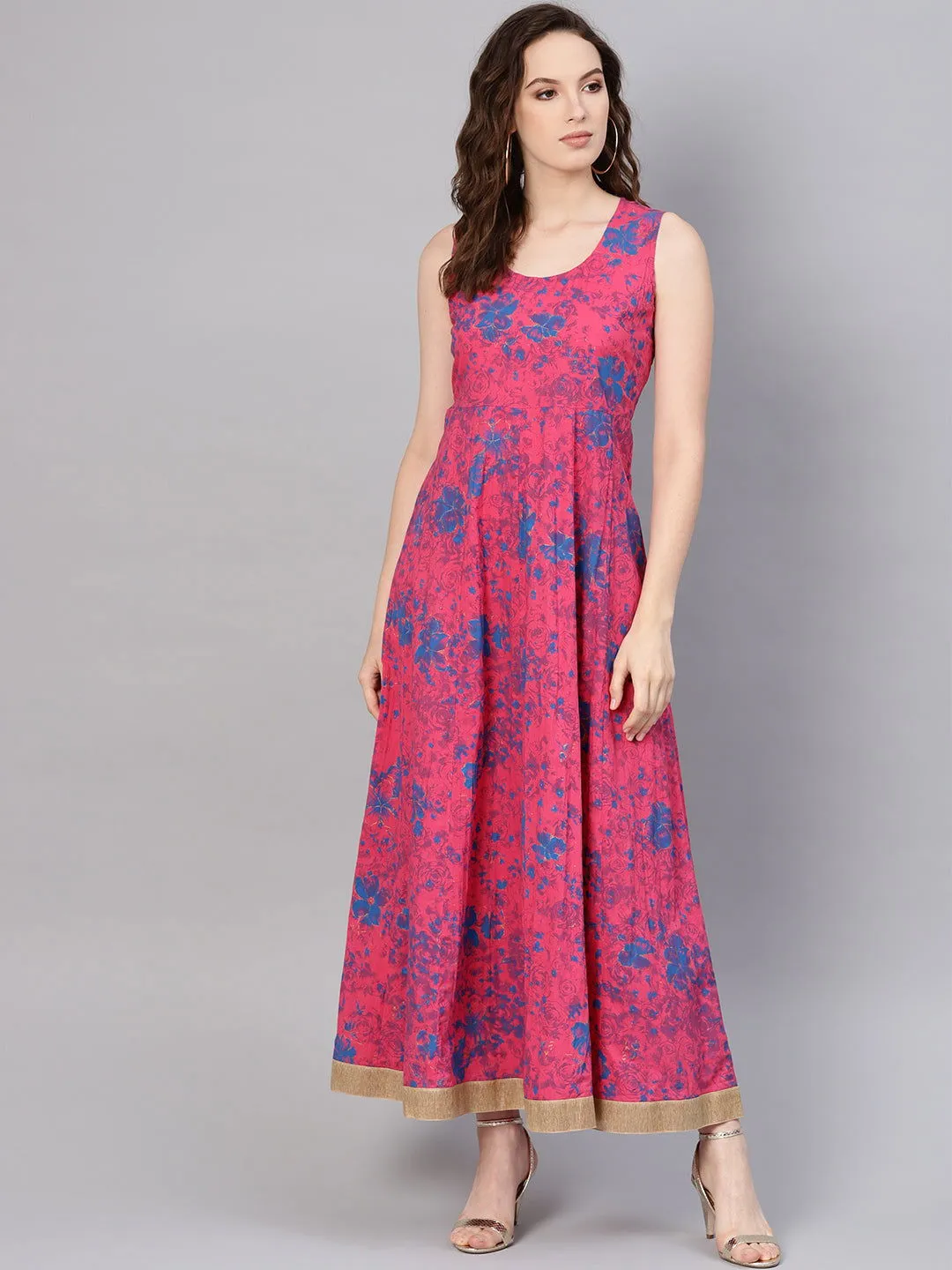 Jashvi Fuchsia Chanderi Ethnic Motif Printed Layered Maxi Dress With Thread Work Embroidery