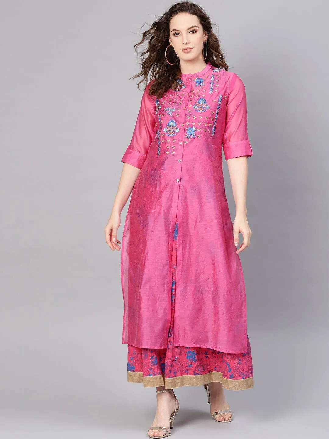 Jashvi Fuchsia Chanderi Ethnic Motif Printed Layered Maxi Dress With Thread Work Embroidery